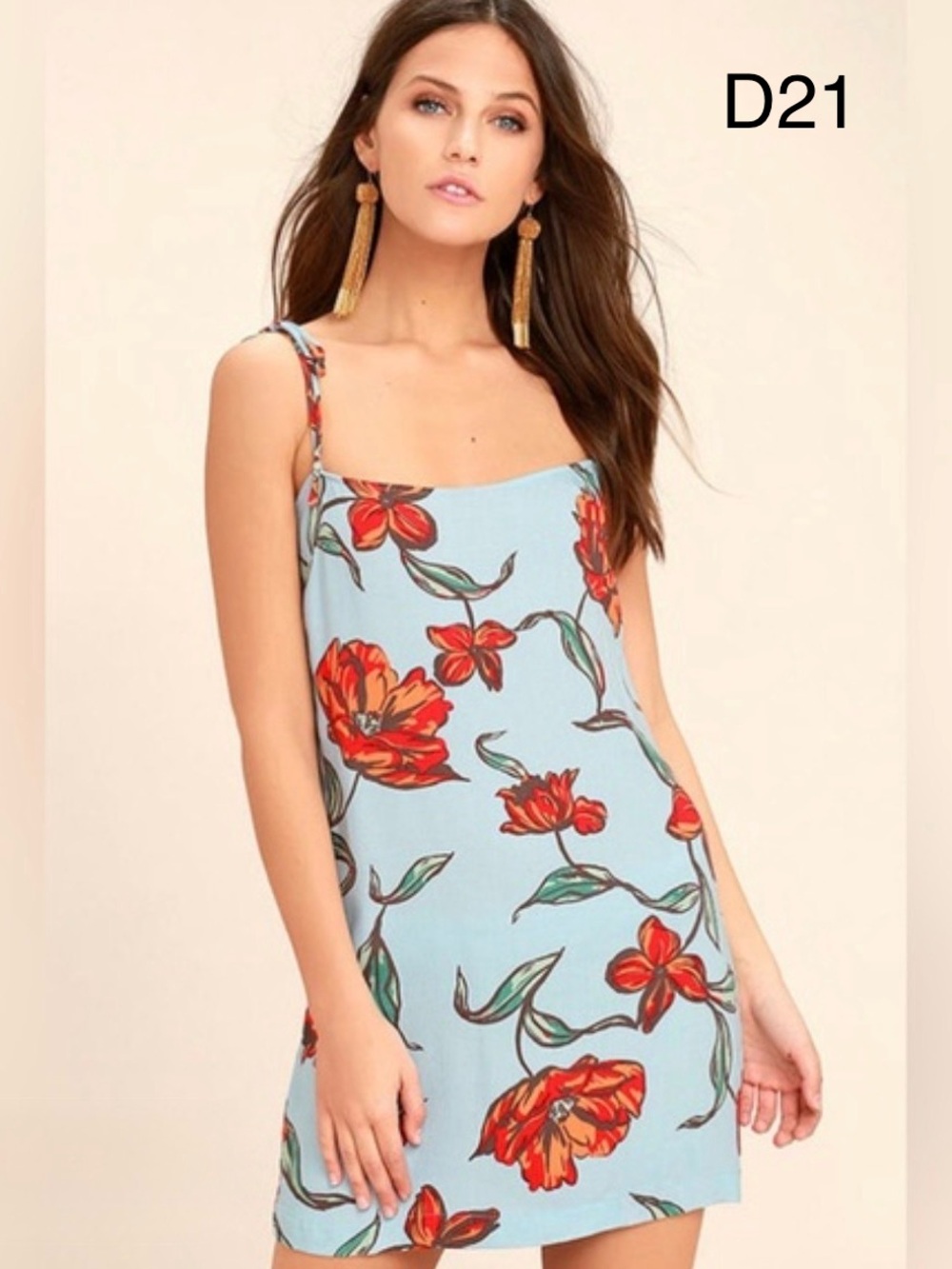 Lulu's Light Blue Mini Dress with Red Floral Print, Size Small